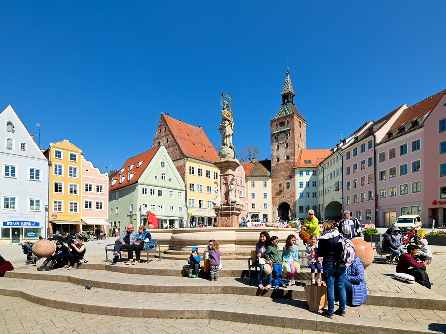 Visitors gather at Hauptplatz square in Landsberg am Lech Germa  Print