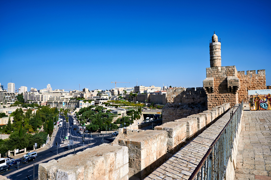 View of the old city ramparts in Jerusalem during the day  Print