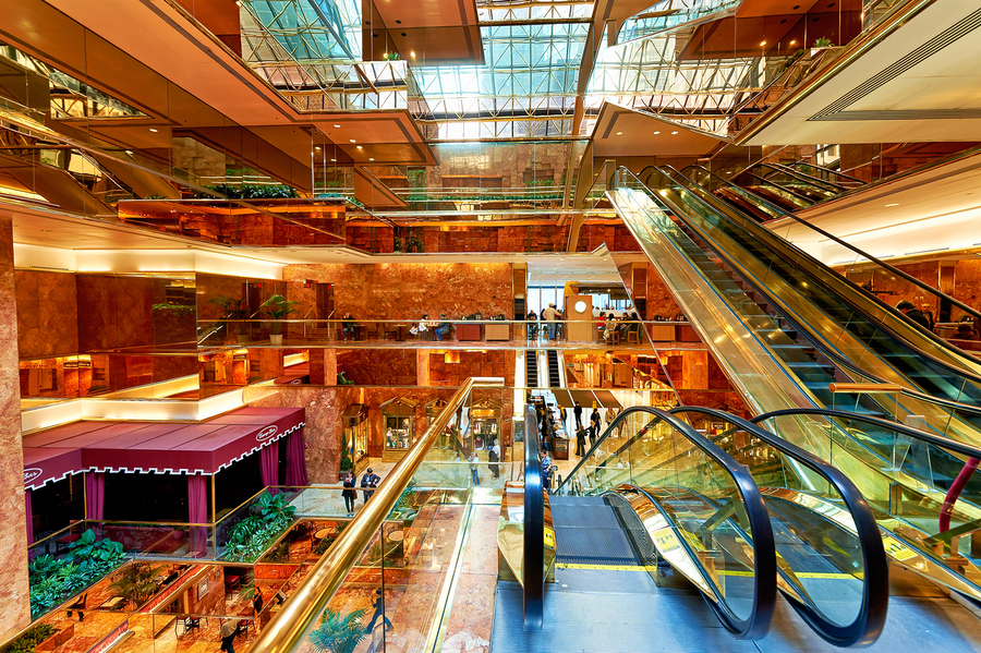 Visitors explore the Trump Tower atrium in Manhattan New York  Print