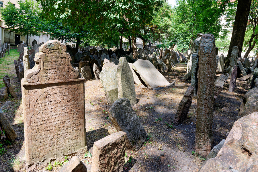 Ancient Jewish cemetery with weathered gravestones and trees.  Print