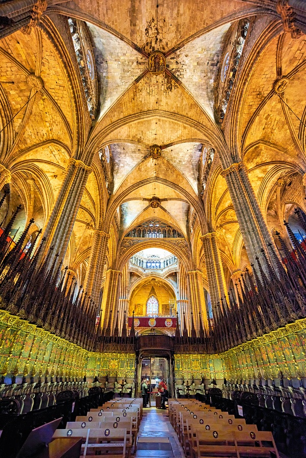 Visitors explore Barcelona Cathedral in Catalonia Spain  Print