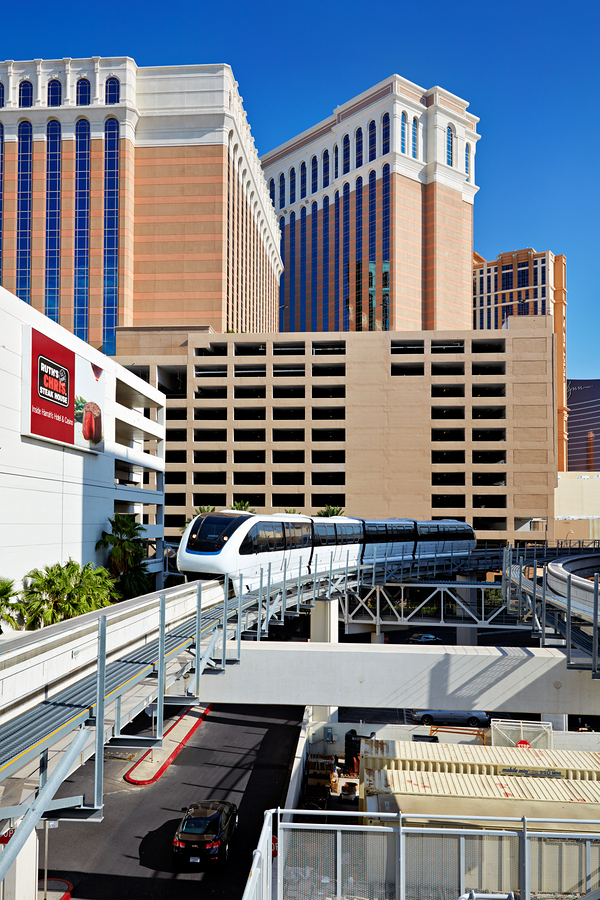 Monorail in Las Vegas near hotels and parking structure  Print