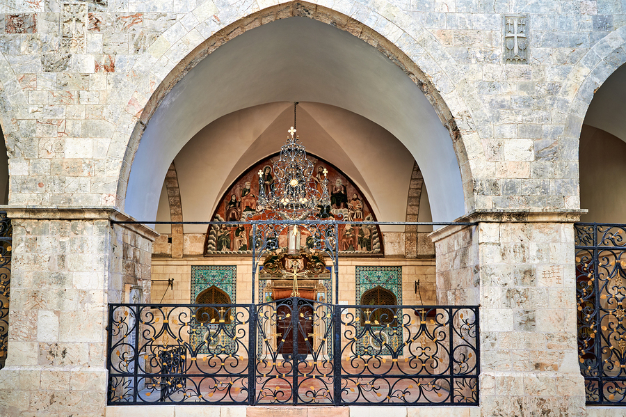St. James Cathedral in Jerusalem shows ancient architecture and   Print