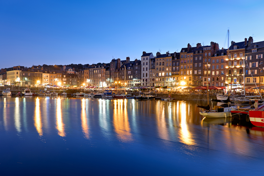 Harbour view of Honfleur at dusk with boats and buildings  Print