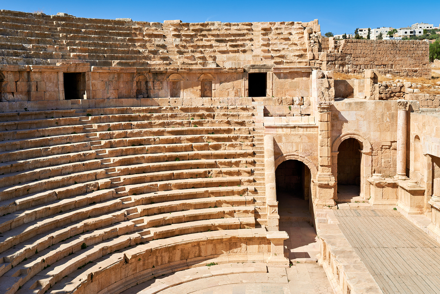 Exploring the ancient theater in Gerasa located in Jerash Jorda  Print