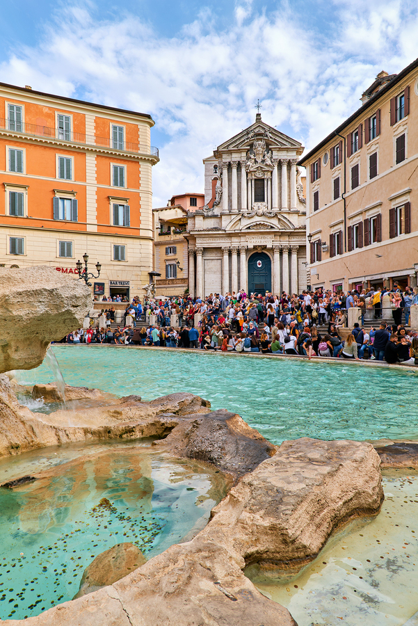 Crowd enjoys the lively atmosphere at Trevi Fountain in Rome  Print