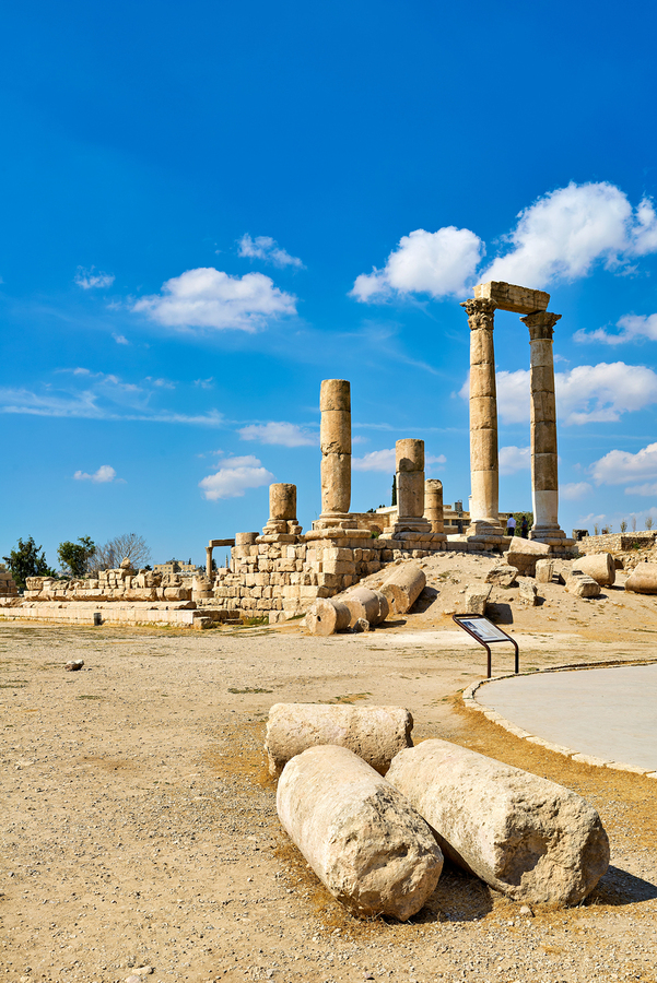Ruins of the Citadel in Amman with pillars and cloudy sky  Print