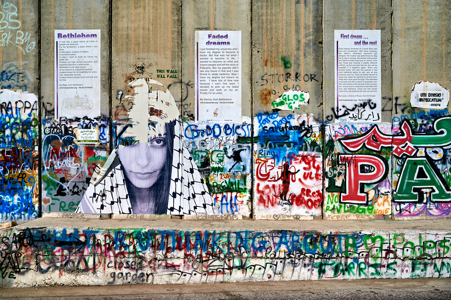 View of the separation wall in Bethlehem with graffiti and art  Print