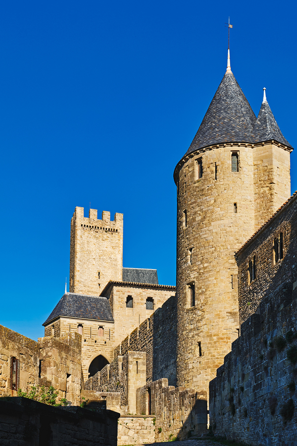 Visit to Carcassonne in France by the medieval fortress walls  Print