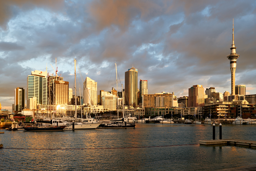 Auckland skyline at sunset from Viaduct Harbour  Print