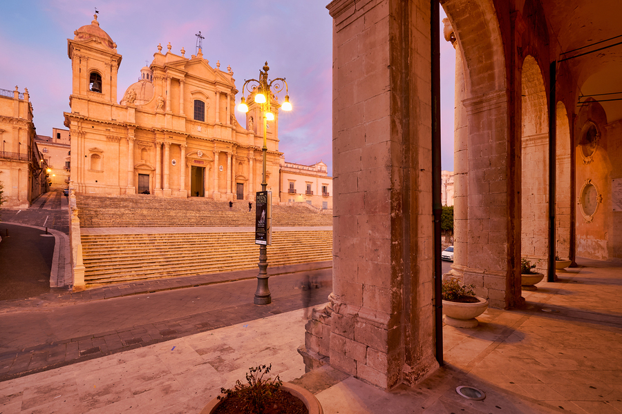 Noto Cathedral in Sicily glows at dusk with streetlights  Print