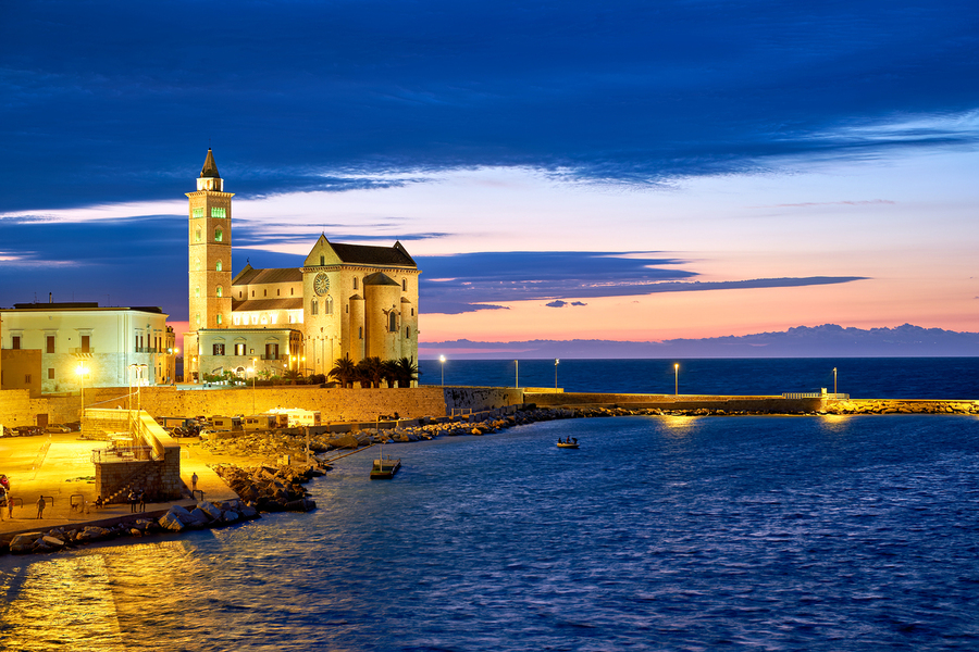 Apulia Puglia Italy. Trani. Basilica Cattedrale Beata Maria Vergine Assunta dedicated to Saint Nicholas at dusk  Print