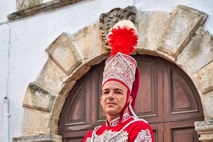 Apulia Puglia Italy. Ostuni. Festival of Saint Orontius. The cavalcata a procession of horses in the streets of the town  Print