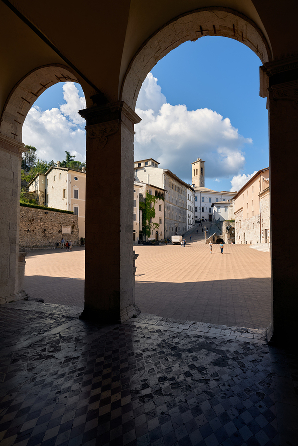 Spoleto Umbria Italy. Piazza del Duomo the theatre and Chiesa di SantEufemia  Print