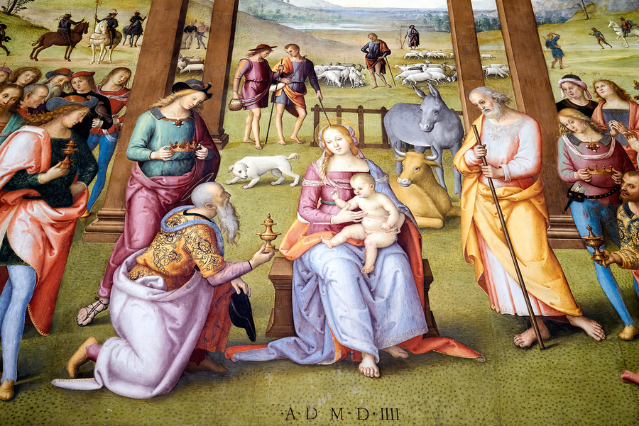 Città della Pieve Umbria Italy. Santa Maria dei Bianchi church. Adoration of the Magi fresco by Perugino  Print
