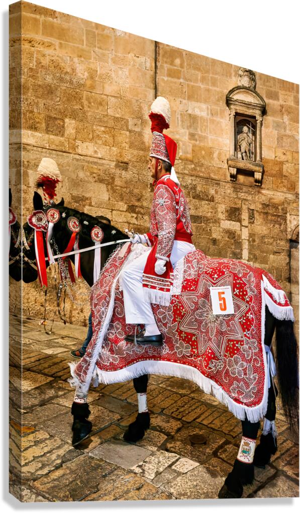 Apulia Puglia Italy. Ostuni. Festival of Saint Orontius. The cavalcata a procession of horses in the streets of the town Canvas Print