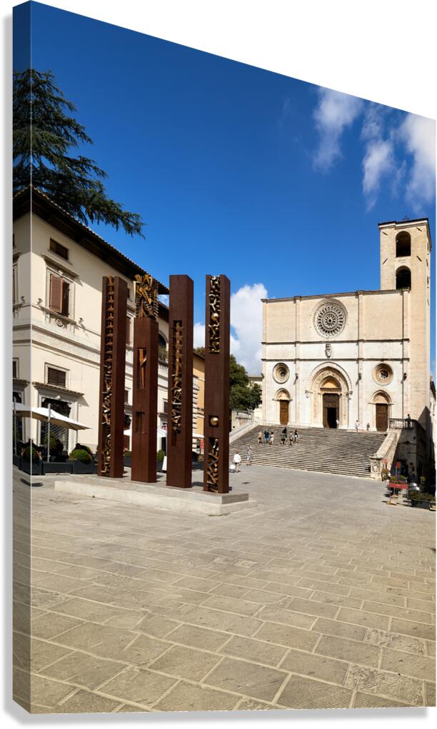 Todi Umbria Italy. Concattedrale della Santissima Annunziata. Cathedral. Piazza del Popolo. The statue Quattro Stele by Arnaldo Pomodoro Canvas Print