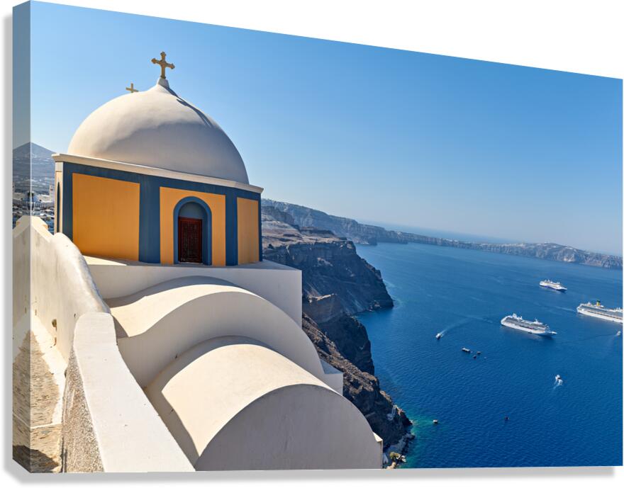 Santorinis iconic church and caldera with ships. Canvas Print