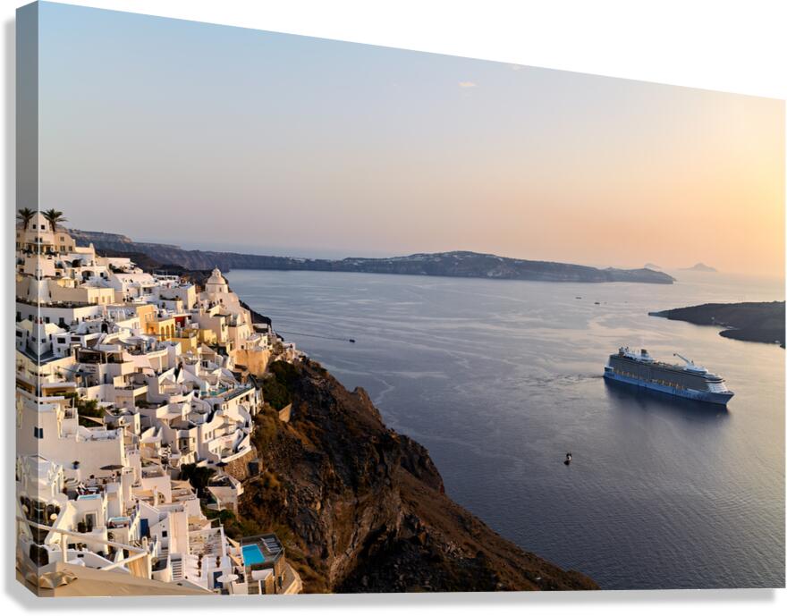 Santorini village and cruise ship at sunset. Canvas Print