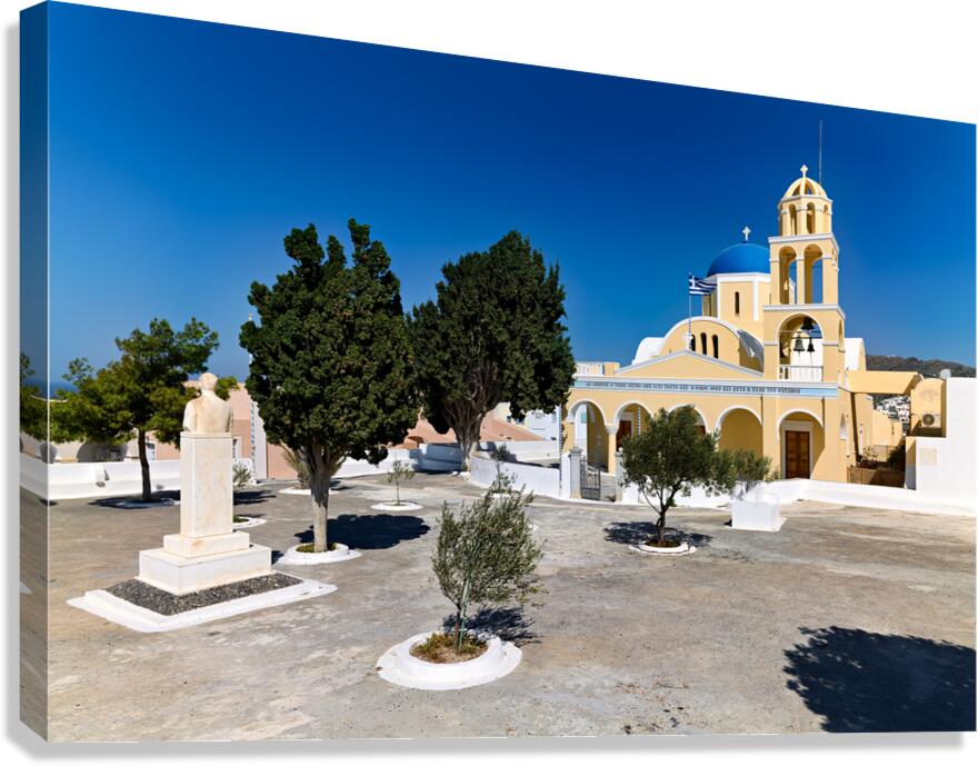 Traditional Greek church blue dome bell tower sunny day. Canvas Print