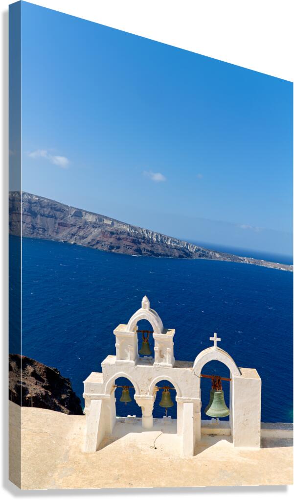 Santorini bell tower overlooking the Aegean Sea. Canvas Print