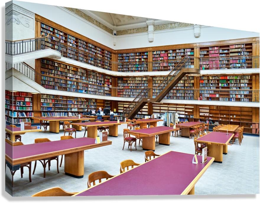 Grand library in Sydney with tall bookshelves and study areas Canvas Print