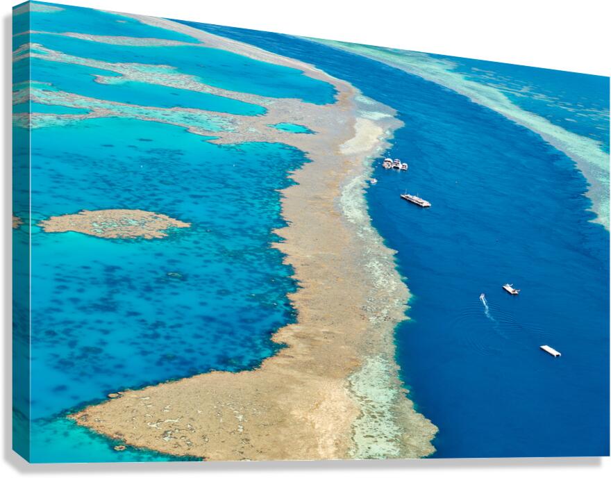 Aerial view of coral reefs and boats in turquoise ocean. Canvas Print