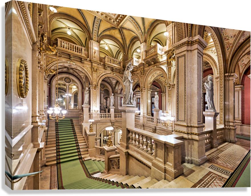 Opulent grand staircase in a historic opera house. Canvas Print
