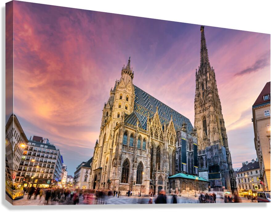 Majestic St. Stephens Cathedral in Vienna under a colorful sky. Canvas Print