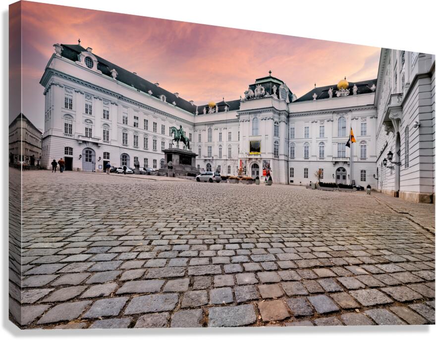 Majestic palace equestrian statue and cobblestone square under Canvas Print