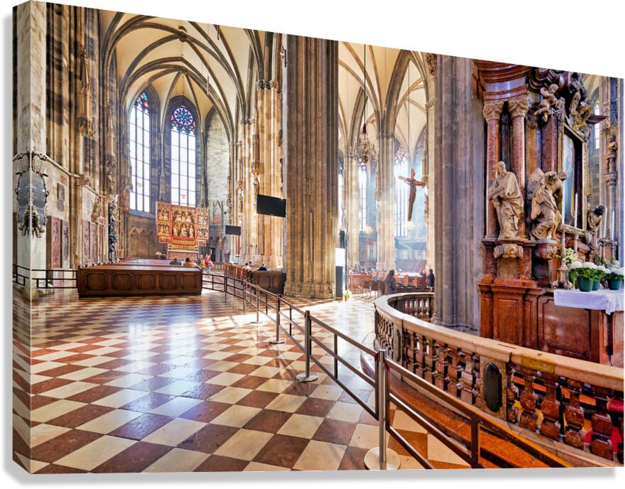 Grand cathedral interior with vaulted ceilings columns and cru Canvas Print