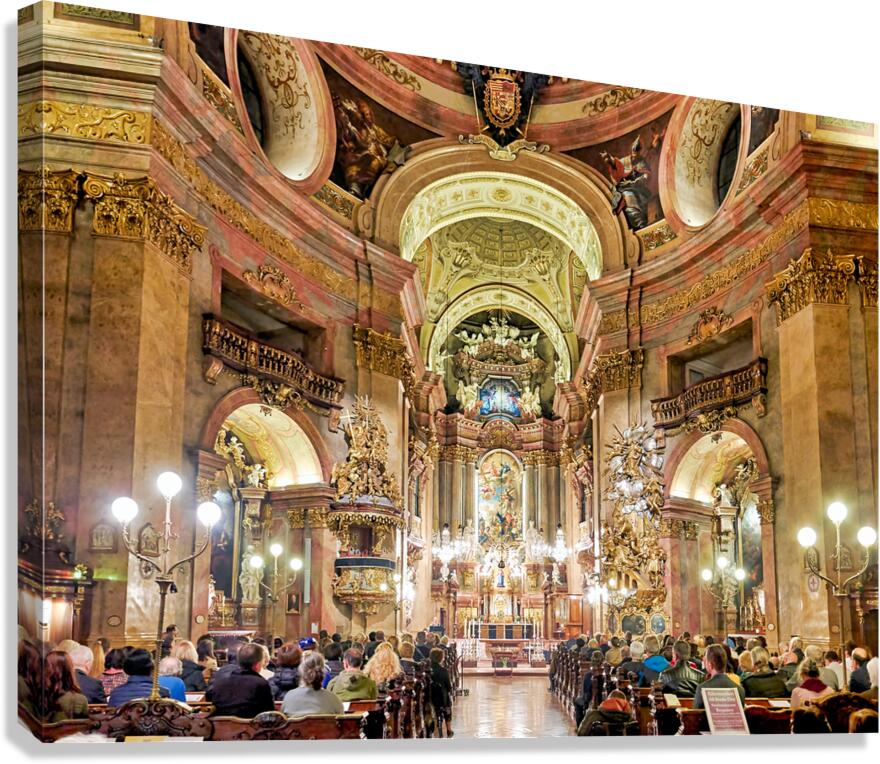 People attending a Requiem service in an ornate church. Canvas Print