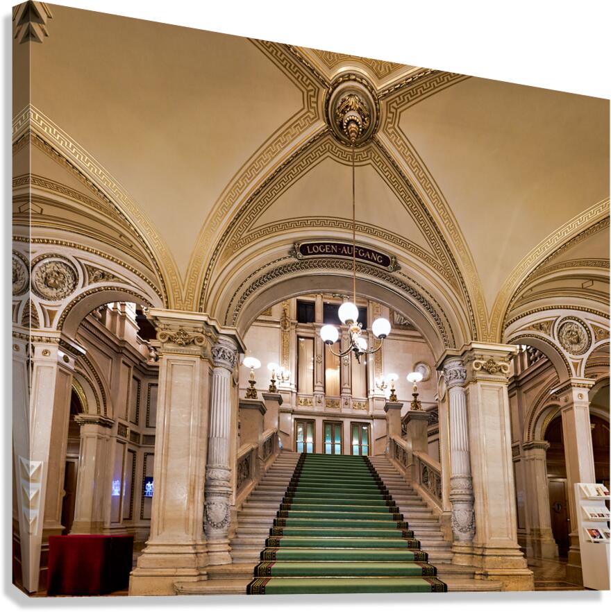 Majestic staircase with green carpet in an ornate hall. Canvas Print