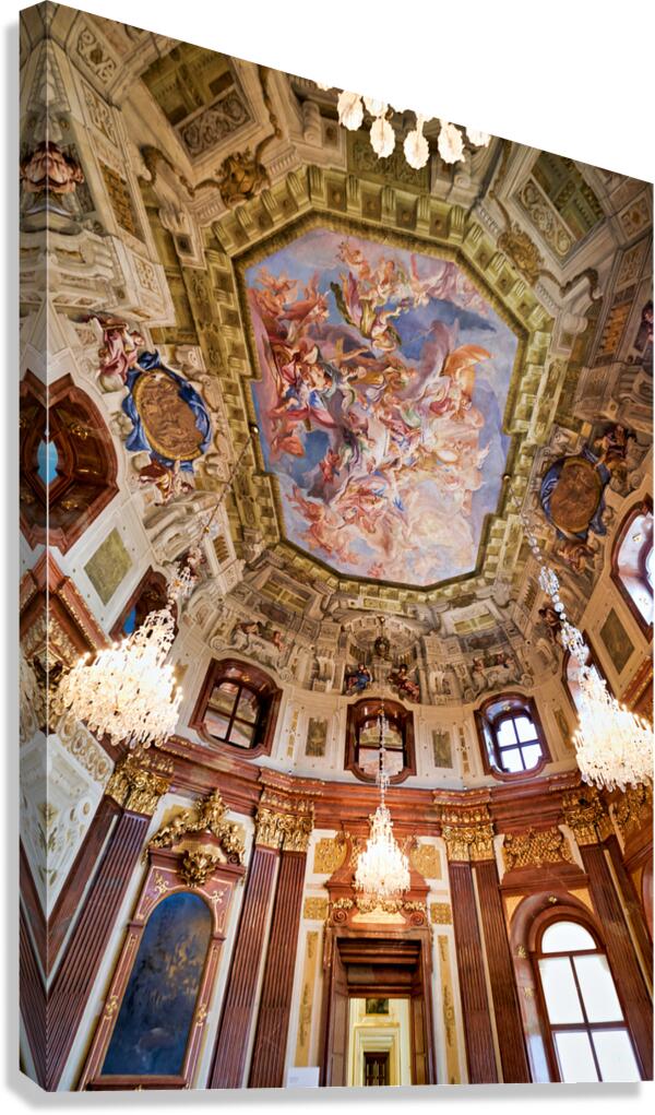 Grand baroque hall with elaborate ceiling fresco and crystal cha Canvas Print