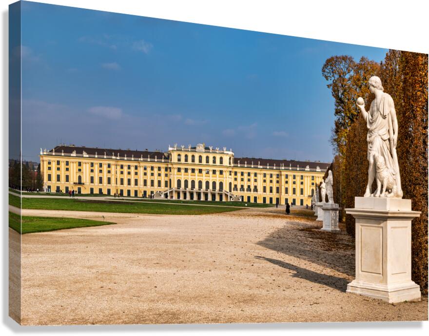 Schönbrunn Palace Vienna with statues and autumn trees. Canvas Print