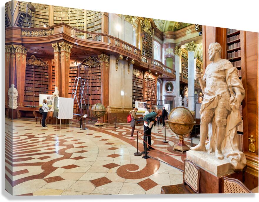 Ornate library interior with towering bookshelves statues glob Canvas Print