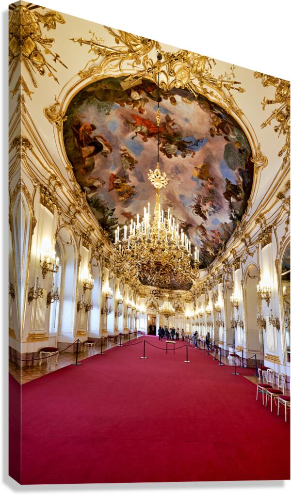 Ornate palace hall with chandeliers painted ceiling and red ca Canvas Print
