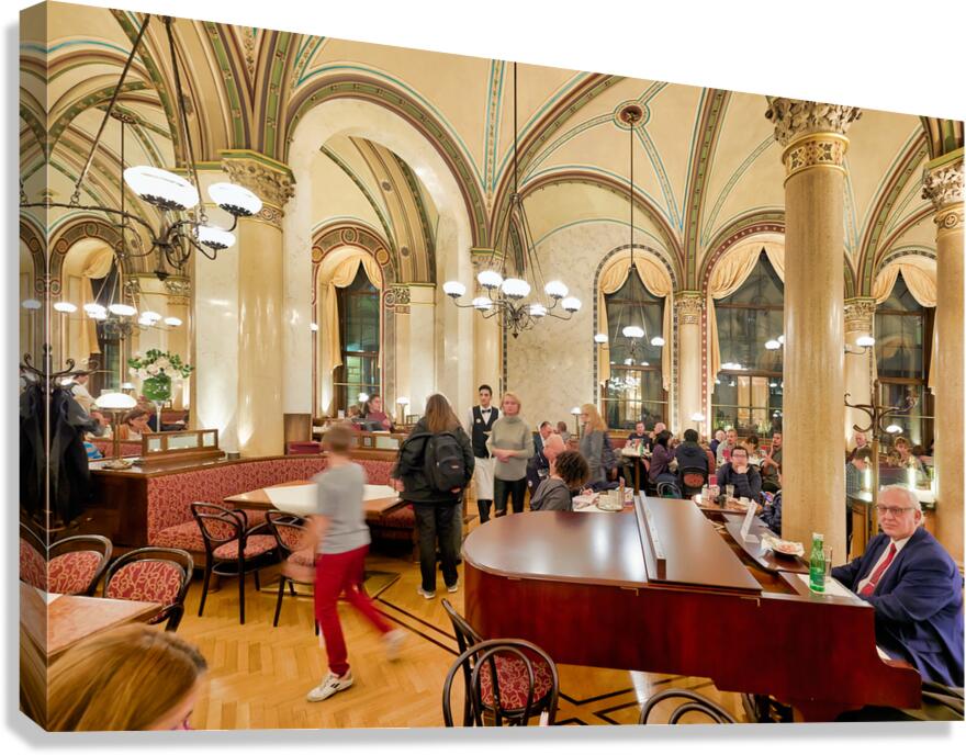 Ornate cafe interior bustling with people and a grand piano. Canvas Print