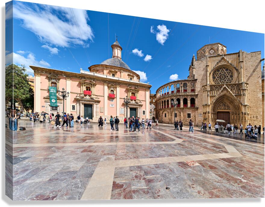 Valencia scene in Plaza de la Virgen with famous sites and peopl Canvas Print
