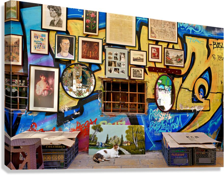 Flea market scene in Monastiraki Athens with colorful wall art Canvas Print