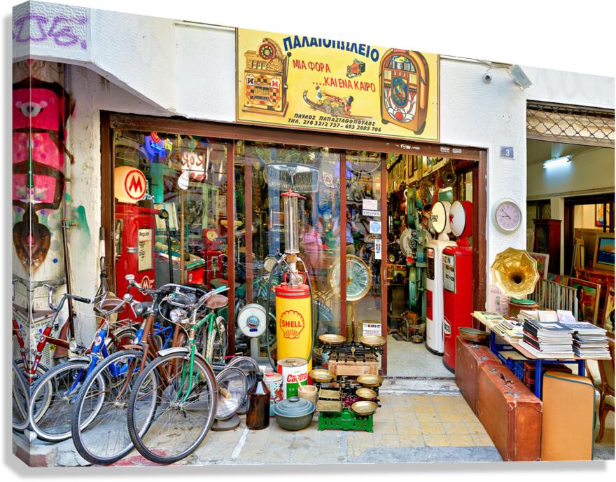 Flea market shopping in Monastiraki Athens Greece with vintage i Canvas Print