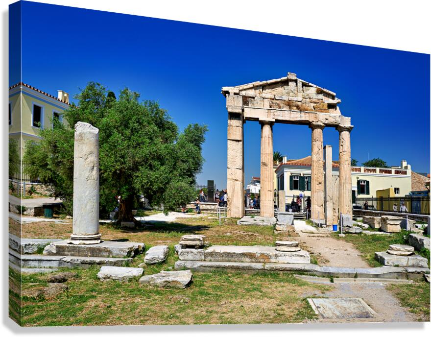 Roman Agora site shows ancient columns and ruins in Athens Greec Canvas Print
