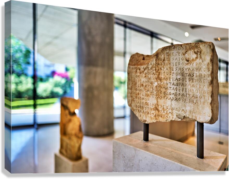 Exploring ancient inscriptions at the Acropolis Museum in Athens Canvas Print
