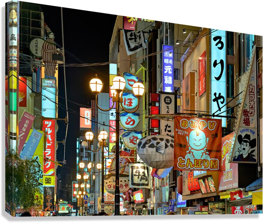 Illuminated signboards in Dotonbori District at sunset in Osaka Canvas Print