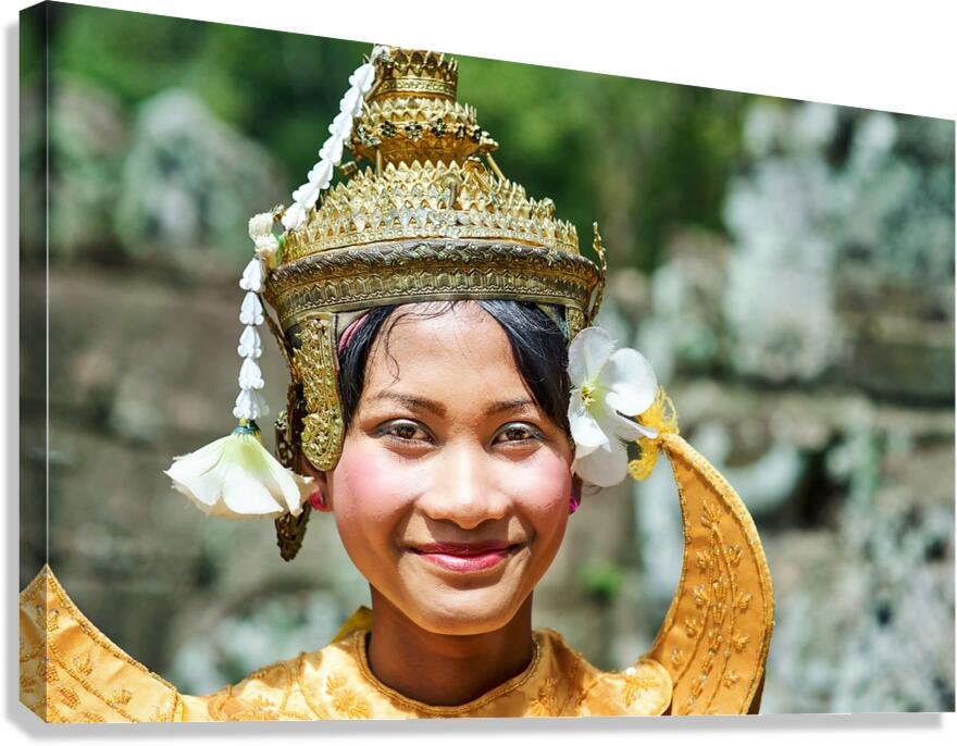 Smiling Cambodian dancer in traditional golden costume and crown Canvas Print