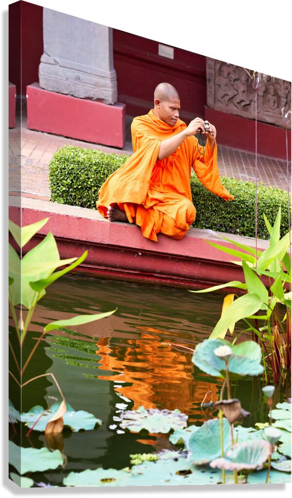 Monk in orange robes takes photo by a lotus pond. Canvas Print
