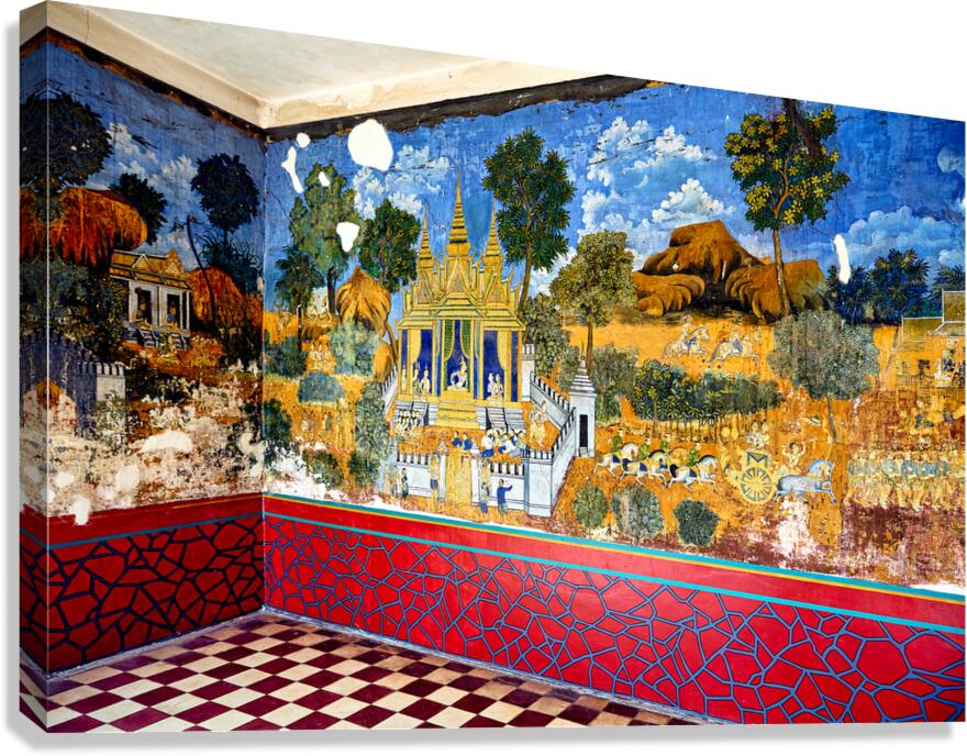 Vibrant aged mural depicting traditional temple scenes with peo Canvas Print
