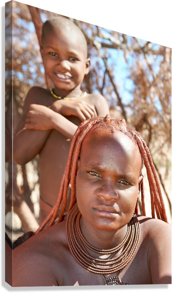 Portrait of Himba woman and child in Kunene region of Namibia Canvas Print