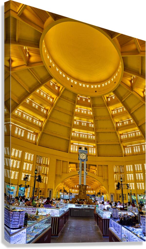 Grand domed market interior with central clock and bustling stal Canvas Print