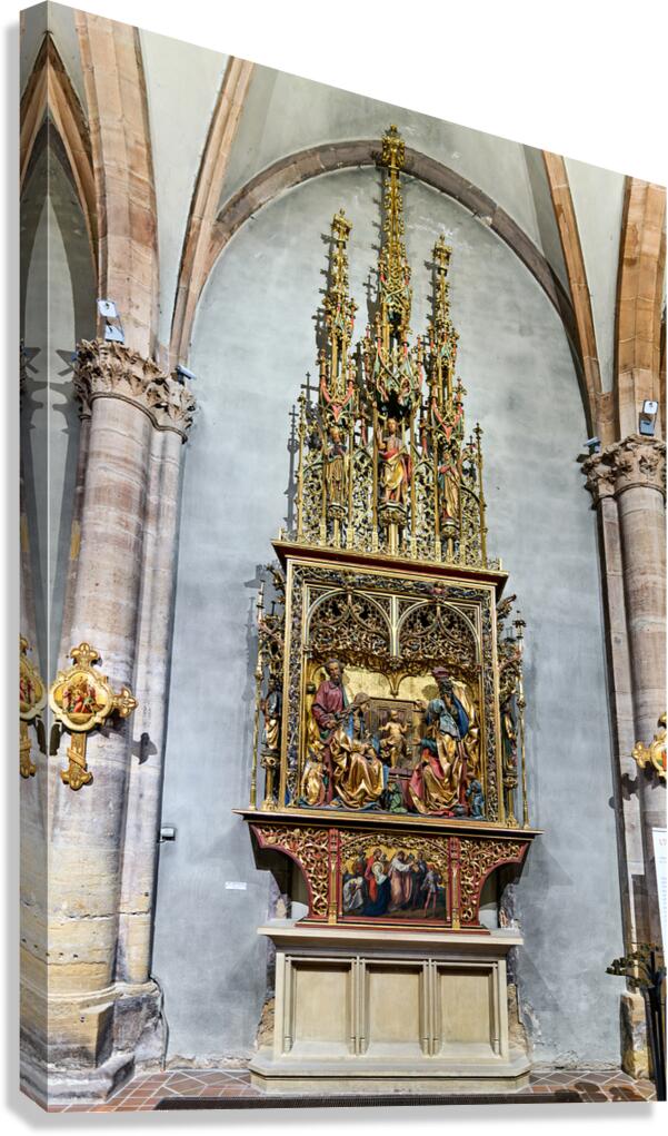 Detailed woodcarving shows religious events in St. Martin Church Canvas Print